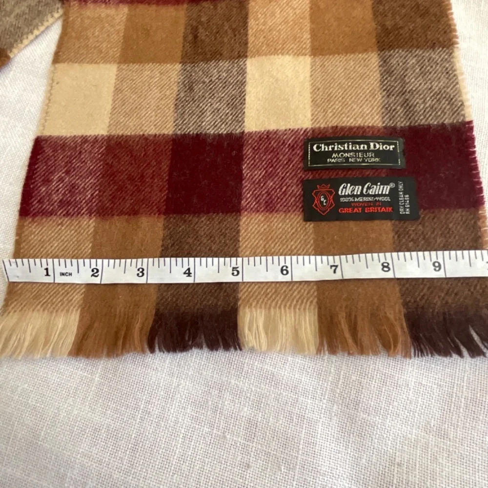 •Christian Dior Vintage Merino Wool Woven In Great Britain Plaid Scarf 50”/10” - Picture 5 of 7